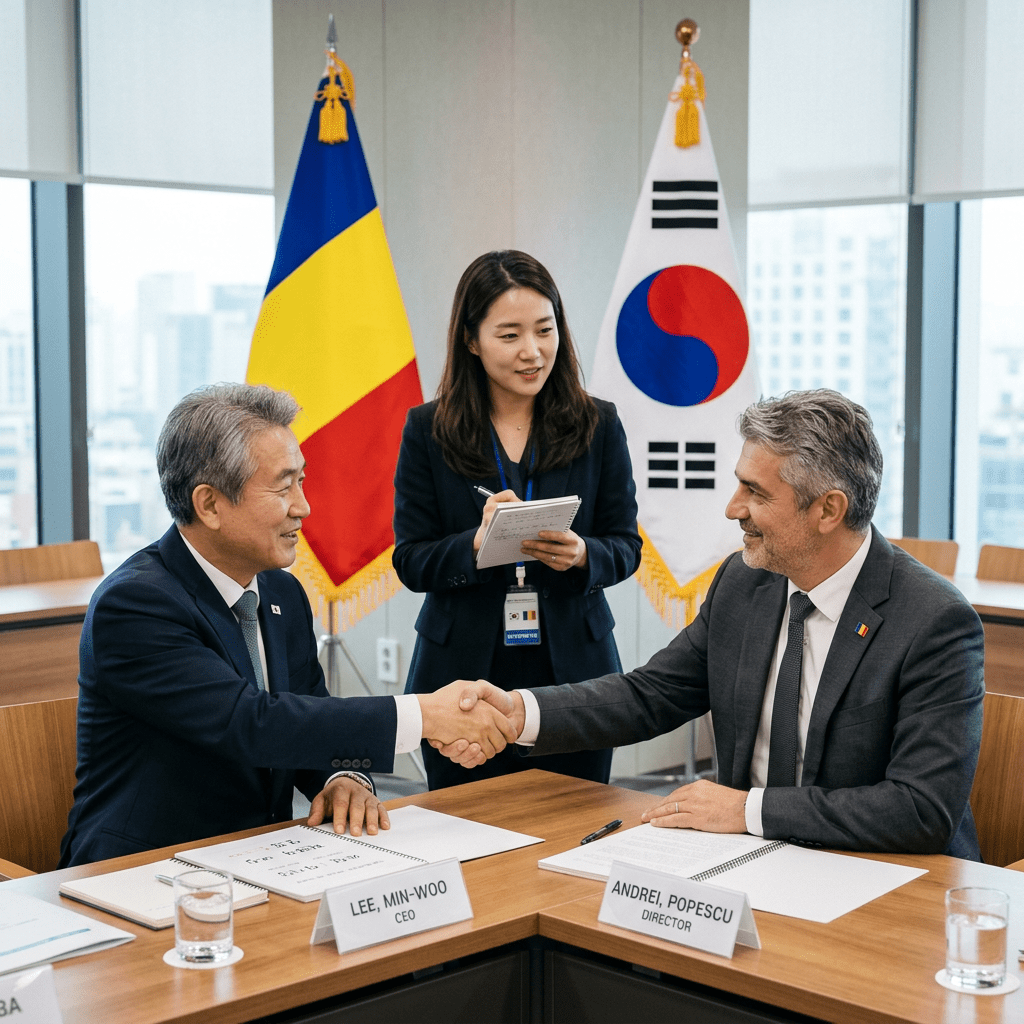 Executives Lee Min-Woo and Andrei Popescu shaking hands at a meeting with translator in background